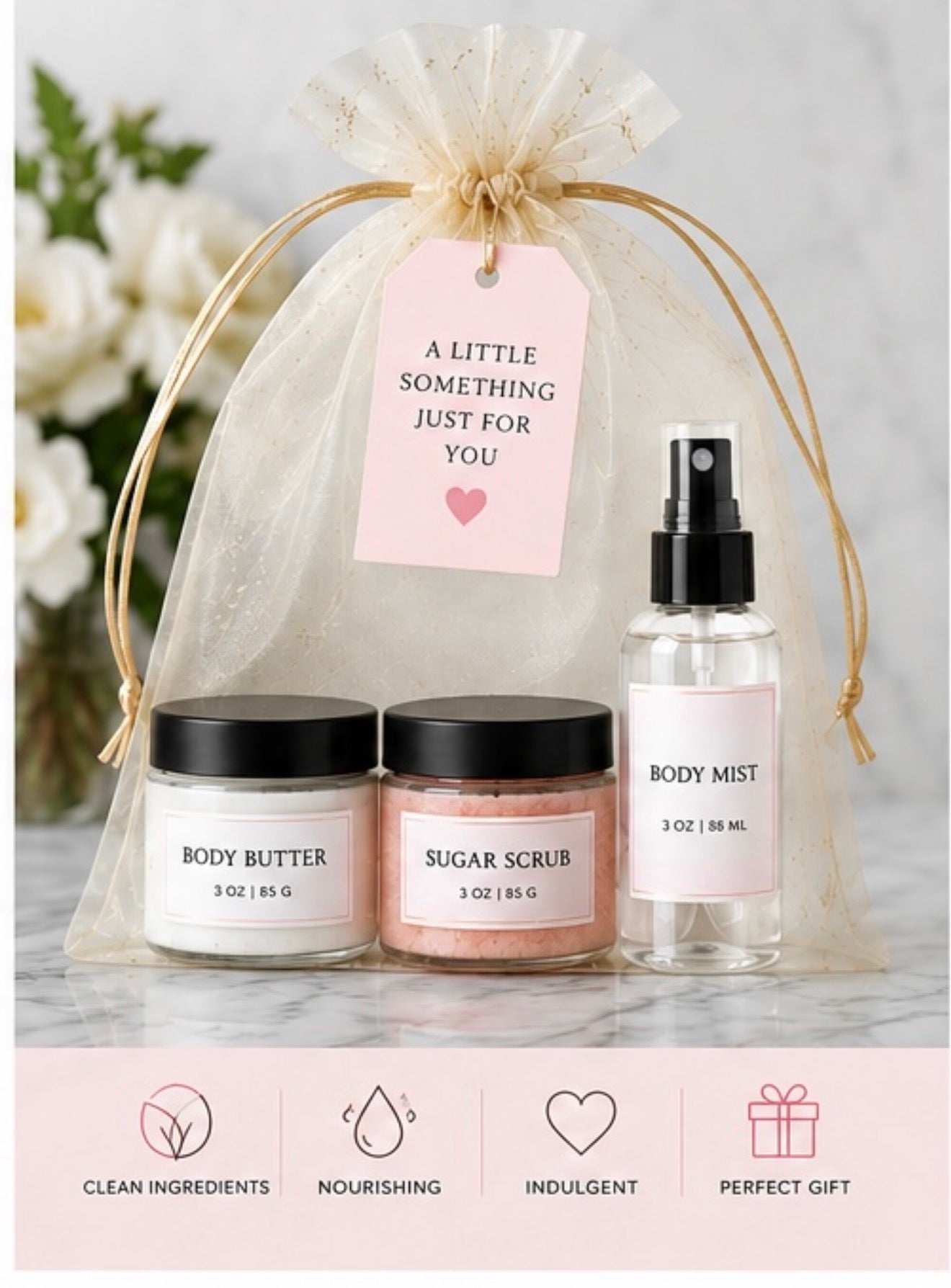 Self-Care Goodie Bag – Body Butter, Sugar Scrub & Body Mist | 3-Piece Gift Set