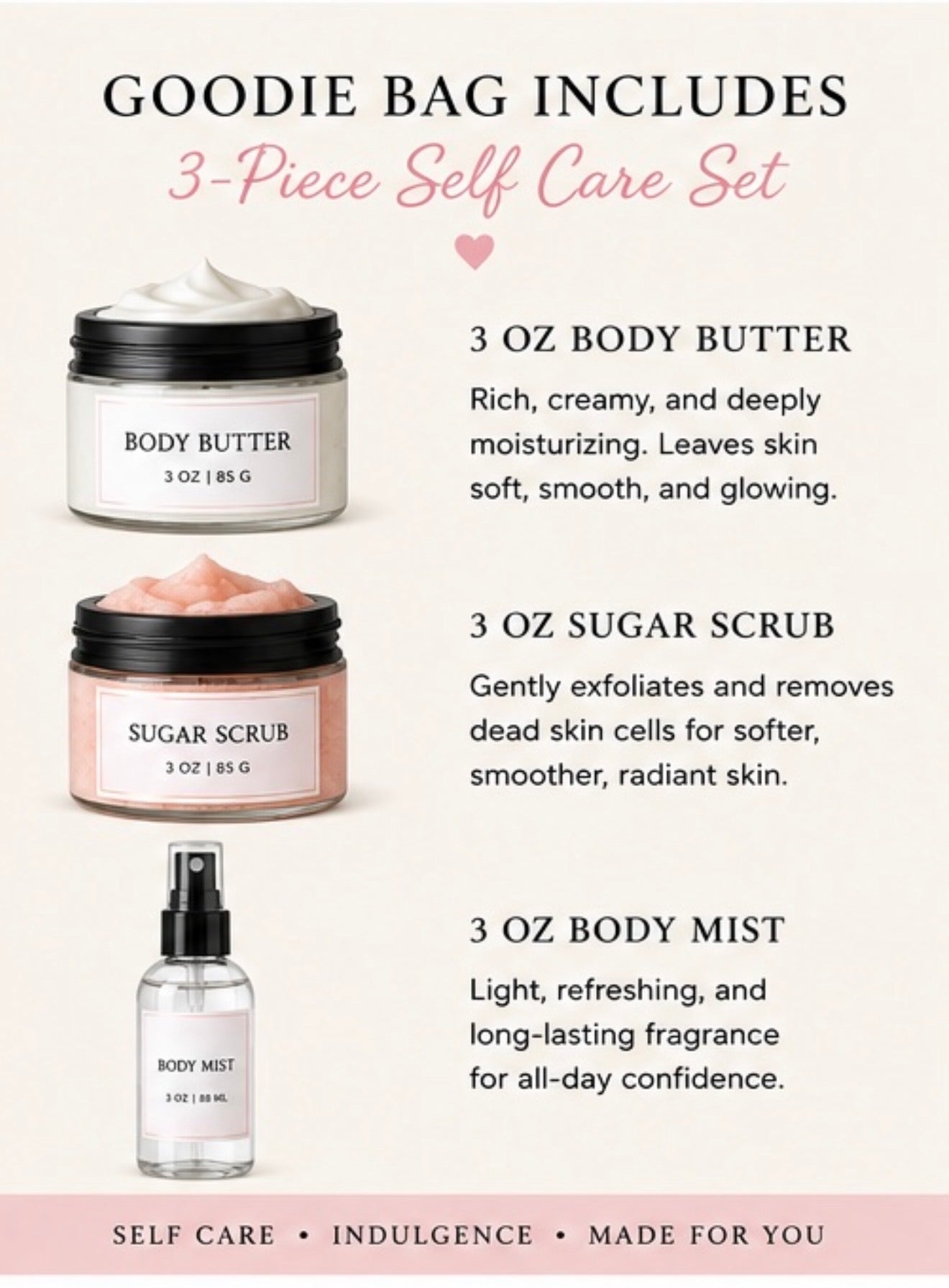 Self-Care Goodie Bag – Body Butter, Sugar Scrub & Body Mist | 3-Piece Gift Set